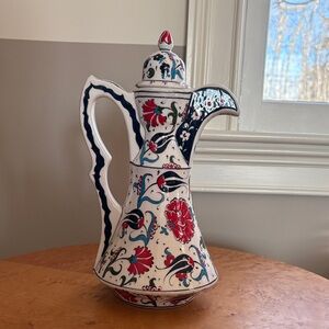 Decorative Turkish Ceramic Pitcher with Red and Blue Accents